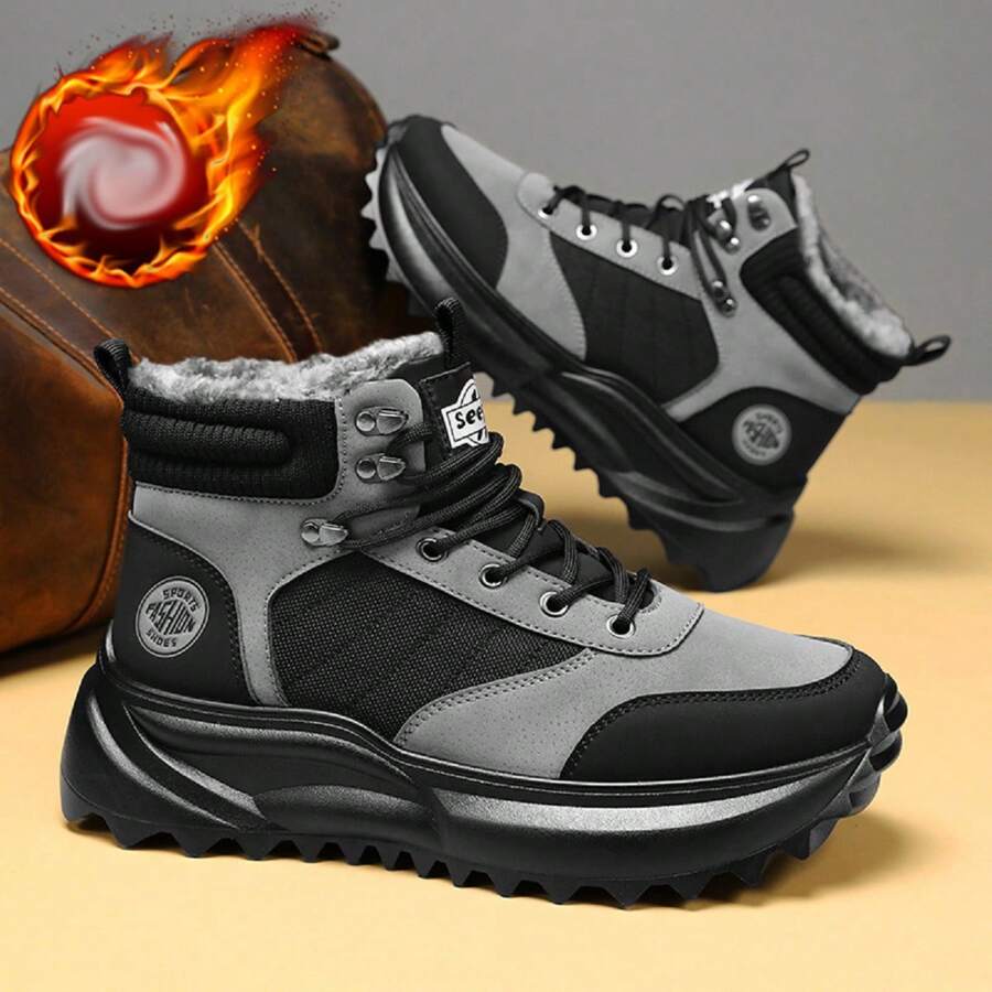 Giày bốt làm việc đế dày chống trượt cho nam, giày bốt ấm cổ cao lót lông, giày bốt chiến đấu ngoài trời chống thấm nước cao đến giữa bắp chân cho mùa thu/đông - màu đen - Xem 1