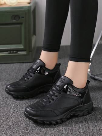 女士系带皮革户外跑步鞋，舒适防水休闲厚底运动鞋，适合春秋冬季