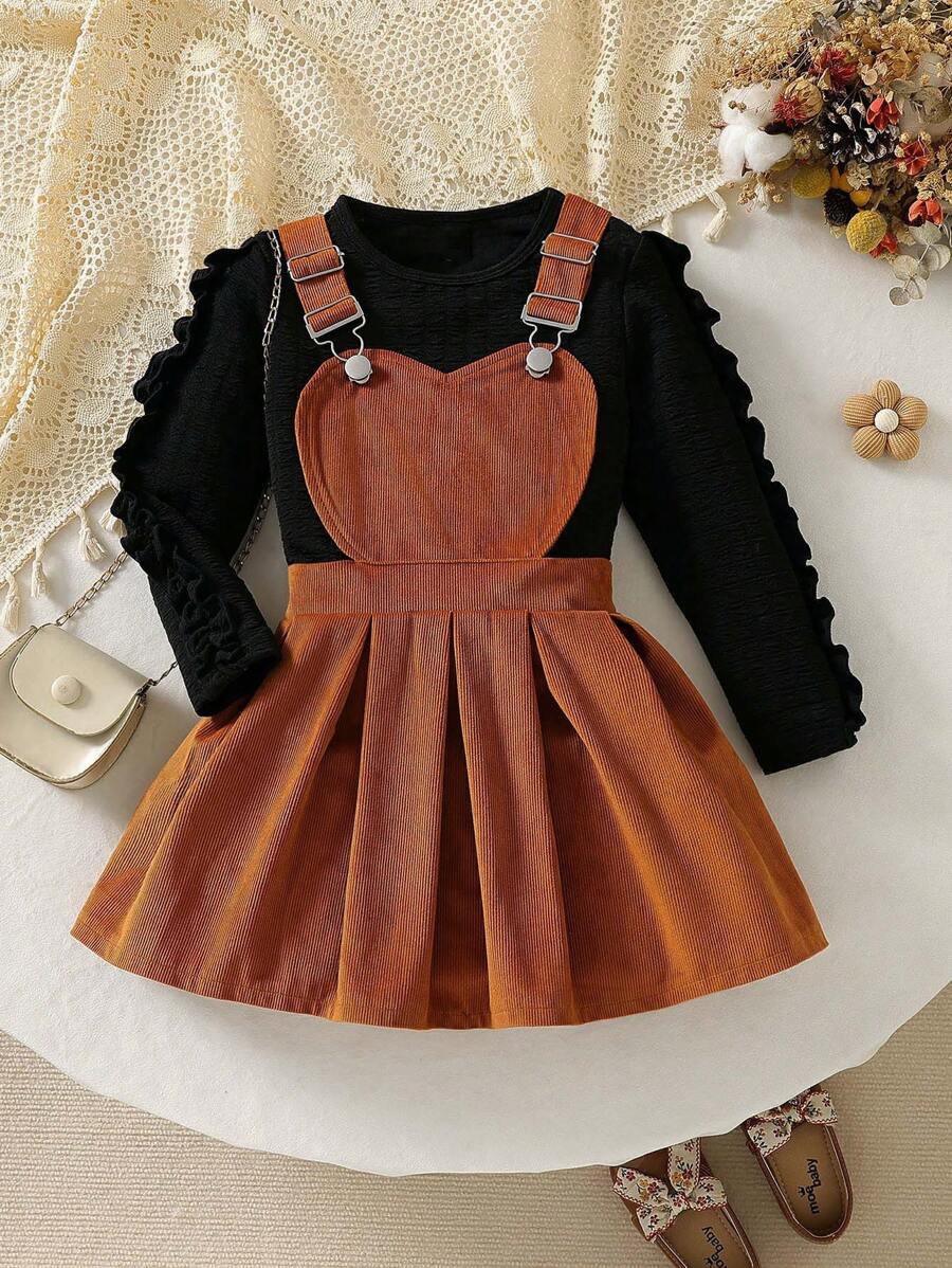 2pcs/Set Young Girl Casual Frill Trim Long Sleeve Top And Heart Strap Skirt Outfit - Black - View 1