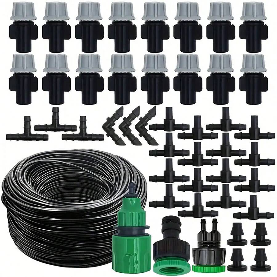 1 Set Adjustable Plastic Drip Irrigation Kit With Universal Connectors - Misting Nozzle System, For Home Garden Yard Misting Micro Drip Cooling, Manual Operation, No Batteries Needed For Garden Watering, With Plant Flower Plastic Mist Nozzles, Drip Emitters, Patio Succulents Sprinklers, Shower Heads