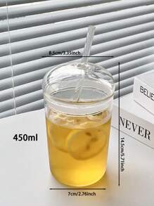 1 Stück 450ml Glas Tasse mit Deckel und Trinkhalm, transparente Tee Kaffee Tasse, Saft Glas, kann Milch Mokka Becher, Frühstückstasse, Trinkgeschirr