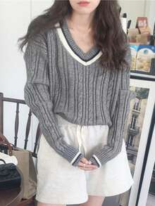 Women's Casual V-Neck Long Sleeve Striped Sweater, Autumn/Winter 2024