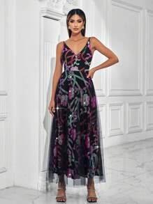 V-Neck Sequins Patchwork Backless Sleeveless Women Cocktail Dress (Heavy Embellished), Prom Semi Formal Dress, For Birthday, Wedding Guest, Graduation Homecoming - Multicolor - View 2