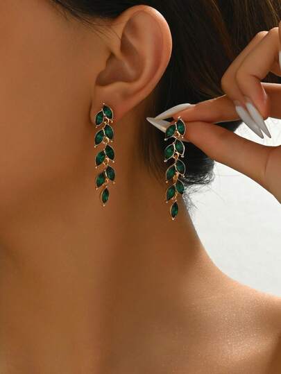 1 Pair Women's Fashion Earrings Vintage Waterdrop Ears Wheat Inlaid Emerald Green Crystal Pendant Earrings
