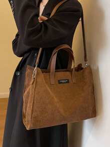 棕色秋冬时尚灯芯绒简约百搭手提包，2024新款大容量罗纹布手提包，韩版休闲通勤办公笔记本电脑包，学生学校单肩包，日常旅行斜挎包