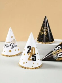 6 件 2025 新年快乐纸帽子黑金派对纸帽子成人新年派对帽套装生日新年派对装饰用品 - 黑金 - 查看 2