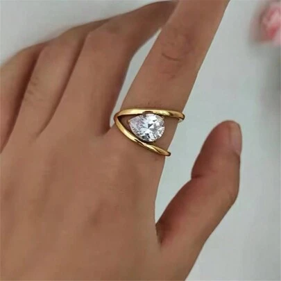 VKHK 1 件简约优雅 18K 镀金不锈钢锆石装饰单戒指，适合女性日常和婚礼佩戴，礼物