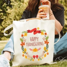 感恩节手提袋，印有感恩节字样，单肩包，加固手柄，容量大，设计简约时尚，适合野餐、聚会、旅行和购物，轻巧可折叠，适合购物、旅行和通勤，储物袋，耐用、可重复使用且不褪色，是送给家人和朋友的完美礼物 - 杏色 - 查看 6