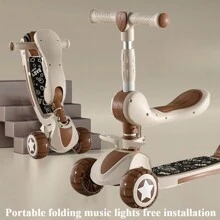 Folding Scooter For Young Children Boys And Girls Baby Three In One Can Sit Can Ride Slippery Slide Can Slide Can Sit With Push Push Music Light Three-Wheeled Hand Push,Back To School