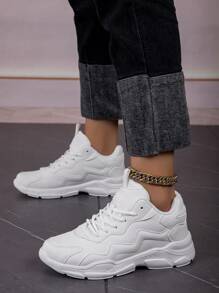 女士休闲运动鞋，新款春秋系带低帮皮革和网眼透气舒适轻便男女通用厚底运动鞋，时尚街头风格厚底防滑耐用户外休闲散步旅游休闲情侣鞋 - 白色 - 查看 3