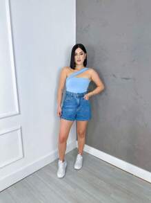 Cropped One Strap Crossover Basic Casual Fashion Spring/Summer - 淺藍色 - 查看 3