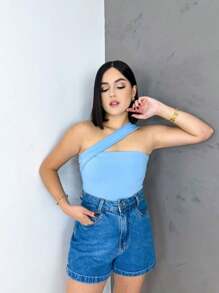 Cropped One Strap Crossover Basic Casual Fashion Spring/Summer - 淺藍色 - 查看 1