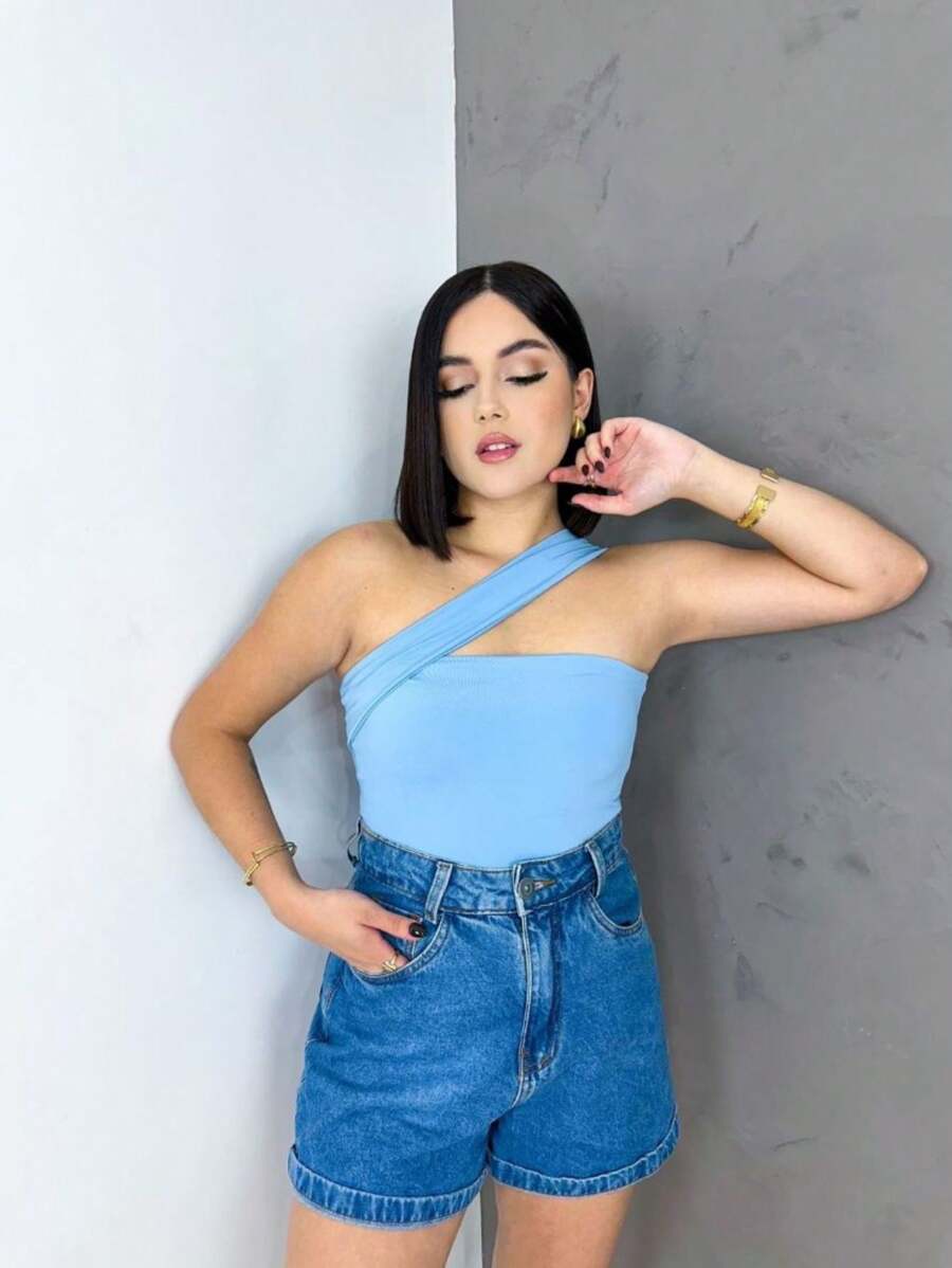 Cropped One Strap Crossover Basic Casual Fashion Spring/Summer - 淺藍色 - 查看 1