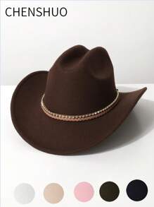 1 Stück Damen einfarbiger Boho-Stil geflochten Band Dekor Western Cowboy Hut/Jazzhat/Panama Hut, warme Herbst/Winter Kappe, geeignet für Musikfestivals, Western-Cowboy-Themen-Events, Retro-Partys, Kostümspiele, Geburtstagsfeiern, Bühnenauftritte und den täglichen Gebrauch - Zylinder - Übersicht 1