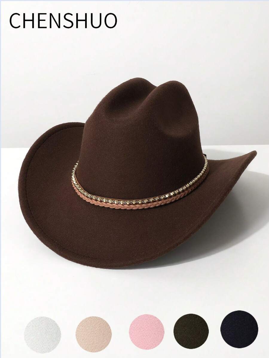 1 Stück Damen einfarbiger Boho-Stil geflochten Band Dekor Western Cowboy Hut/Jazzhat/Panama Hut, warme Herbst/Winter Kappe, geeignet für Musikfestivals, Western-Cowboy-Themen-Events, Retro-Partys, Kostümspiele, Geburtstagsfeiern, Bühnenauftritte und den täglichen Gebrauch - Zylinder - Übersicht 1