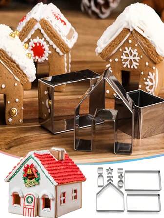 1 set Cortador de galletas con forma de casa de acero inoxidable, molde de galletas de casa de Navidad 3D en miniatura, herramienta de corte de galletas y pasteles para fiesta de cumpleaños, boda, restaurante, molde de galletas de Navidad, herramienta de repostería navideña DIY, decoraciones navideñas, pijamas navideños, regalos de Navidad, decoración navideña