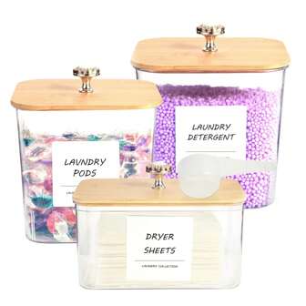 3 Packs Laundry Room Organization Storage Containers, Plastic Clear Laundry Pods Container & Dryer Sheet Holder Jars With Lids, Scoops & Labels For Detergent, Powder, Dryer Balls, Beads