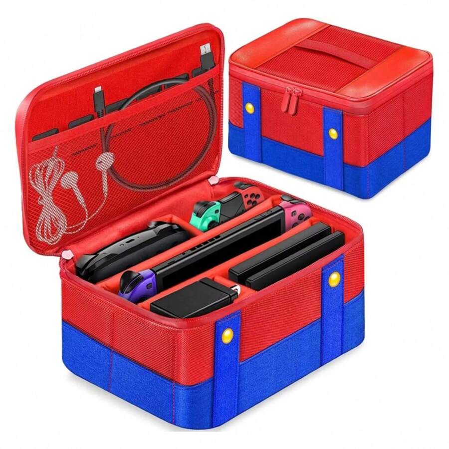 可爱 Switch 便携包适用于 Switch/Lite/OLED，便携式软壳防水保护存储旅行便携包牛津斜挎包适用于 NS SD 控制台底座 JoyCons 配件，蓝色和红色 - 紅藍色 - 查看 1