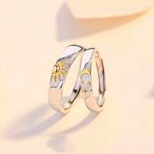 1 Paar 925er Sterling Silber Sonnenaufgang & Sonnenuntergang Partnerringe, minimalistisches Sonne & Mond Design Offener Ring, Valentinstag Geschenk