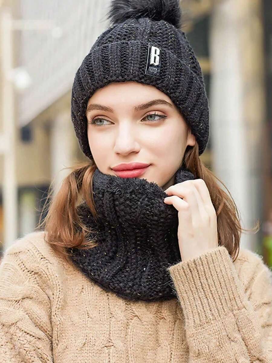 2 件套女士冬季蓬松帽子围巾套装，温暖针织帽，骷髅帽颈，保暖腰带，厚羊毛衬里，适合女孩的可爱装 - 貼標B款 - 查看 1