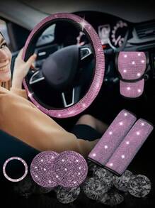 7pcs/Set Faux Crystal Car Steering Wheel Cover, Gear Shift Knob, Seat Belt Pad, Cup Holder Coaster, Start Button Decorative Ring Trim Interior Accessories Set, Purple Car Accesaories,Car Acessesories Women - 粉色 - 查看 1