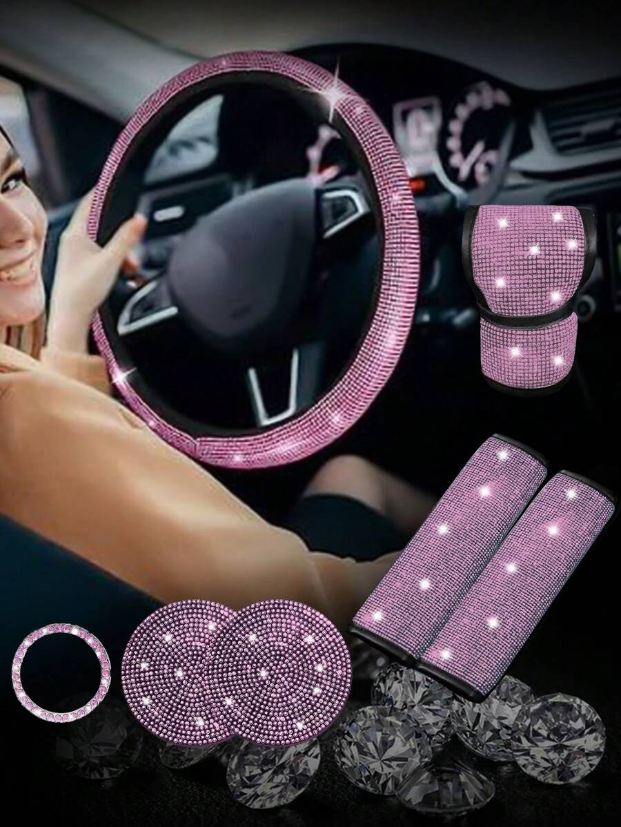 7pcs/Set Faux Crystal Car Steering Wheel Cover, Gear Shift Knob, Seat Belt Pad, Cup Holder Coaster, Start Button Decorative Ring Trim Interior Accessories Set, Purple Car Accesaories,Car Acessesories Women - 粉色 - 查看 1