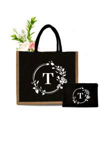 Czarna lniana torebka, torba typu tote, z nadrukiem białych liter wieńca, z kosmetyczką, prosta i elegancka, spersonalizowana torba na prezent ślubny dla druhny, kosmetyczka, prosta torba podróżna do przechowywania, najlepsze prezenty dla nauczycieli na Boże Narodzenie - Czarne - Zobacz 56