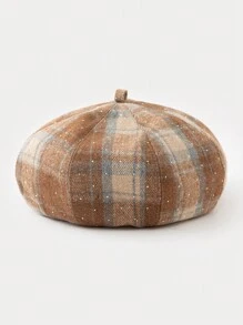 1 件装女士新款复古时尚格子图案贝雷帽，镶有水钻，百搭设计，适合秋冬季 - 彩色 - 查看 10