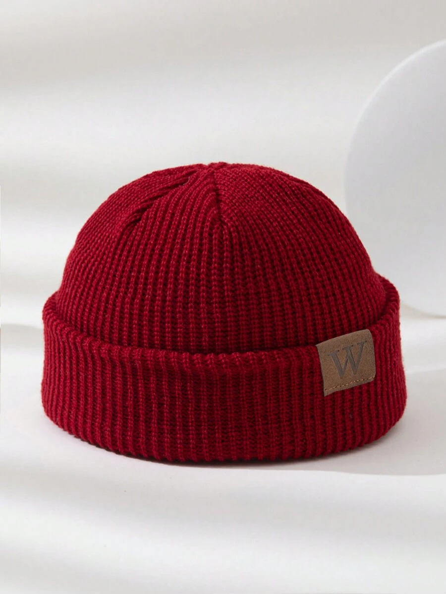 1 件男士休闲多款皮革标签针织帽冬季帽子无檐便帽秋季服装