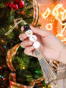 1/2pcs Snowman Wooden Beads Hanging Ornament Christmas Snowman Beads Garland Farmhouse Wooden Christmas Tree Ornaments With Plaid Tassel For Christmas Hanging Decorations