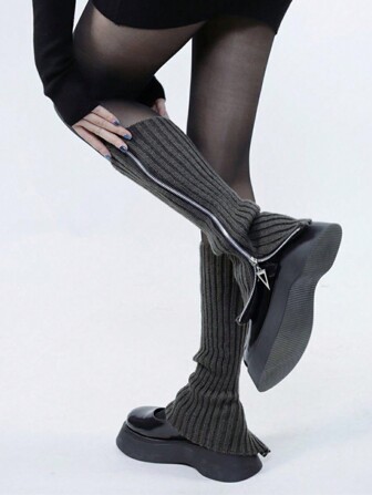 1 par klassiska enfärgade benvärmare, gotisk punkstil ribbstickade stövelbenvärmare med dragkedja, för damstrumpbyxor och benvärmare, Y2k, mysiga