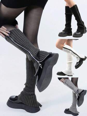 1 par klassiska enfärgade benvärmare, gotisk punkstil ribbstickade stövelbenvärmare med dragkedja, för damstrumpbyxor och benvärmare, Y2k, mysiga