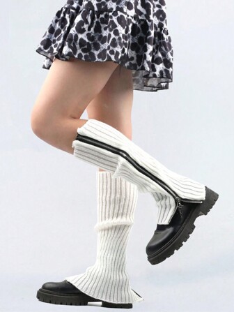 1 par klassiska enfärgade benvärmare, gotisk punkstil ribbstickade stövelbenvärmare med dragkedja, för damstrumpbyxor och benvärmare, Y2k, mysiga