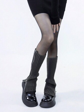 1 par klassiska enfärgade benvärmare, gotisk punkstil ribbstickade stövelbenvärmare med dragkedja, för damstrumpbyxor och benvärmare, Y2k, mysiga