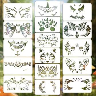 16pcs Reusable, Washable &amp; Bendable Face Paint Templates - Unicorn, Fairy, Halloween, Floral Designs, Suitable For Stage Parties, Costume Balls, Makeup Performances