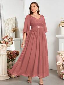 Voworia 深 V 领撞色亮片蕾丝蝴蝶袖雪纺舞会长裙 - 藕粉色 - 查看 8