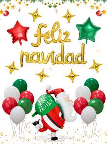 34 件/套金色“Feliz Navidad”圣诞老人装饰气球，包括红色和绿色星形气球、铝箔气球，适用于圣诞派对装饰、新年派对、圣诞节道具、拍照亭背景、圣诞家庭派对用品 - 彩色 - 查看 2