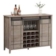 Farmhouse Coffee Bar Buffet Cabinet, 47" Wine Bar Cabinet With Sliding Barn Door, 16 Bottle Wine Racks (Fire Color/Light Ivory/Brown/White) - Light Ivory - View 3