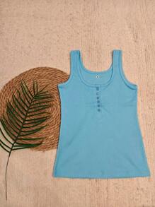 Ribbed Cotton Open Button Tank Top - 淺藍色 - 查看 1