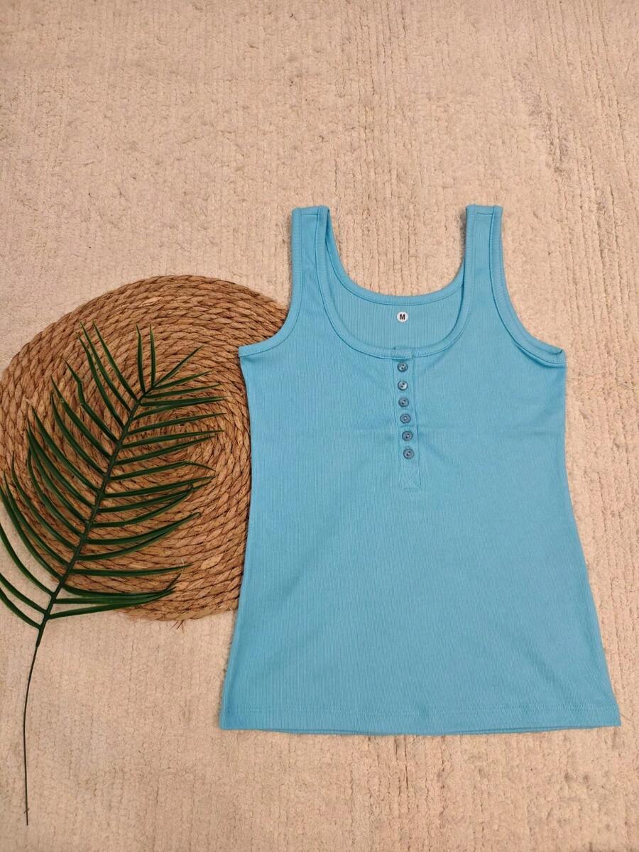 Ribbed Cotton Open Button Tank Top - 淺藍色 - 查看 1