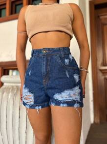 Women's Mom Jeans Shorts WITHOUT BELT High Waist Denim Shorts Bermuda Shorts Simple Frayed Ripped Details Comfortable Elegant Premium Quality - Rửa tối - Xem 1