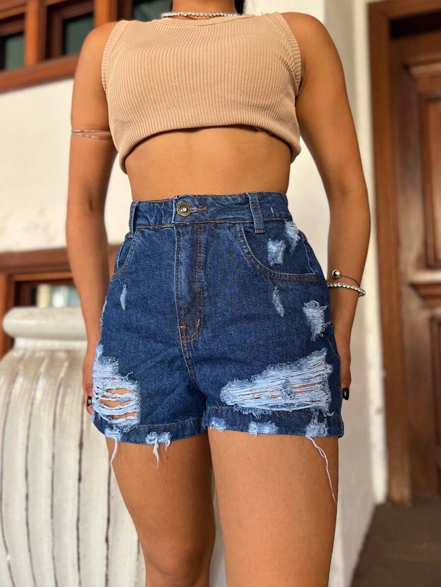 Women's Mom Jeans Shorts WITHOUT BELT High Waist Denim Shorts Bermuda Shorts Simple Frayed Ripped Details Comfortable Elegant Premium Quality - Rửa tối - Xem 1