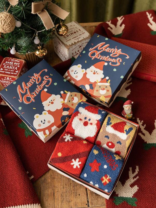 4 Pairs Women's Crew Socks In Christmas Gift Box, Thick Warm Cartoon Reindeer & Santa Print, Suitable For Christmas & Holiday Party