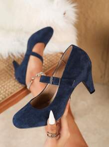 Giày cao gót đế dày màu trơn cho nữ, kiểu dáng thanh lịch với khóa cài, thoải mái, cổ thấp, màu xanh dương, thích hợp cho mùa thu, giày công sở đa năng thời trang, quà tặng Giáng sinh, giày cao gót đế platform cho nữ. - Màu xanh lam - Xem 3