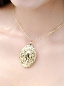 定制照片吊坠项链，带花卉雕刻椭圆形小盒，适合男士、女士和情侣，优质百搭项链礼物 - 彩色 - 查看 7