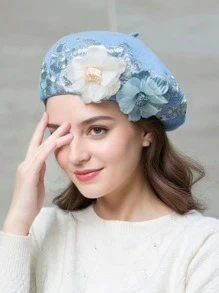 1 pieza Boina elegante de lana para mujer con aplicaciones florales, otoño/invierno