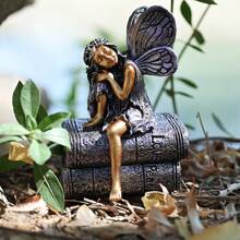 1 件迷你花园与塔式仙女雕像小睡雕塑树脂雕像庭院户外草坪装饰品家居装饰 - 綠色 - 查看 2