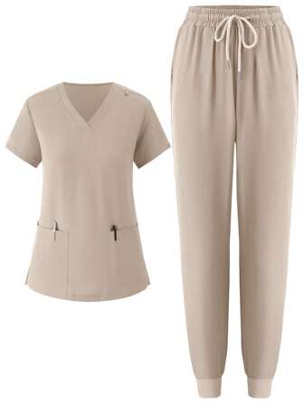 Women's Scrubs Uniform, Jogger Sweatpants, Elastic Nurse Workwear, Breathable Surgical Gown With Pockets