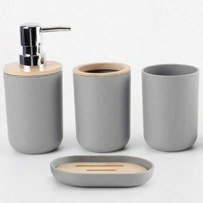 四件套豪华浴室配件套装，塑料和竹制浴室收纳套装，包含乳液瓶、牙刷架、漱口杯和皂碟，非常适合作为生日、节日、乔迁礼物，黑白家居浴室装饰，秋季、返校季适用。