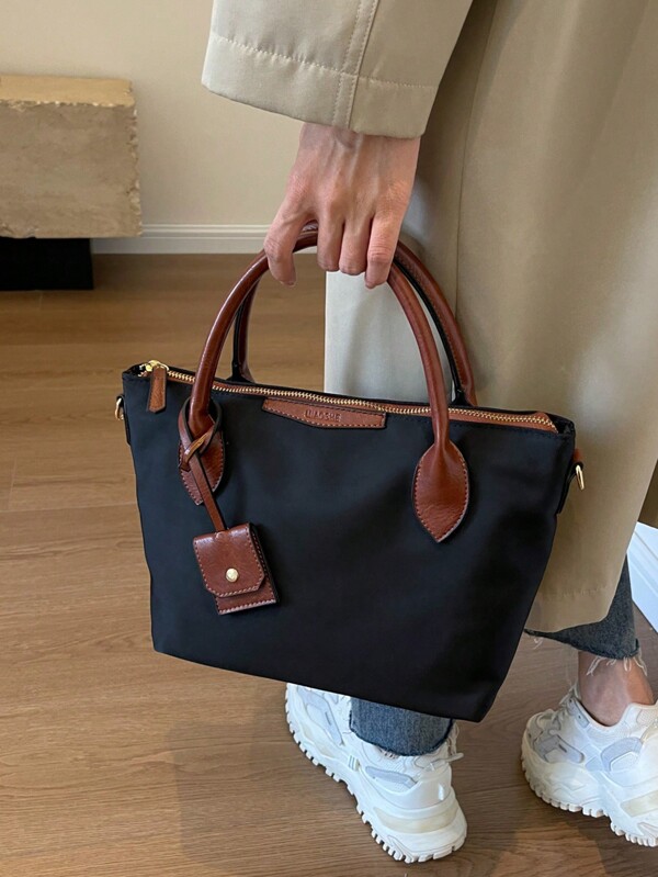 Vintage Two-Tone Large Tote Bag With Small Pouch, Fashion Versatile